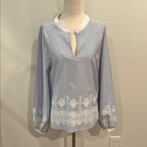 ENGLISH FACTORY BLUE WHITE STRIPED EMBROIDERED DETAILED BLOUSE SIZE SMALL